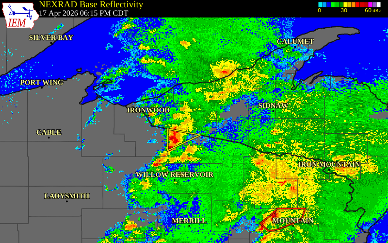 NEXRAD radar during the Friday, April 17, 2026 storm activity in Gogebic County, Michigan