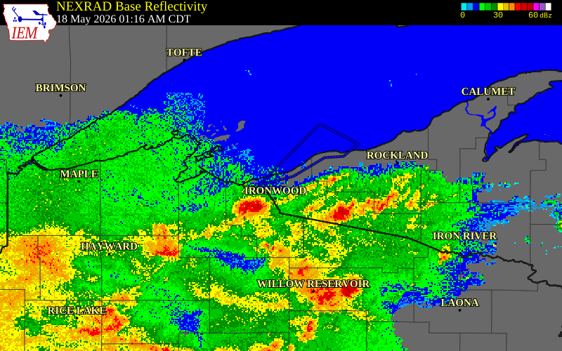 NEXRAD radar during the Monday, May 18, 2026 storm activity in Gogebic County, Michigan