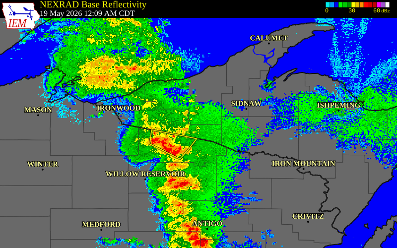 NEXRAD radar during the Tuesday, May 19, 2026 storm activity in Gogebic County, Michigan