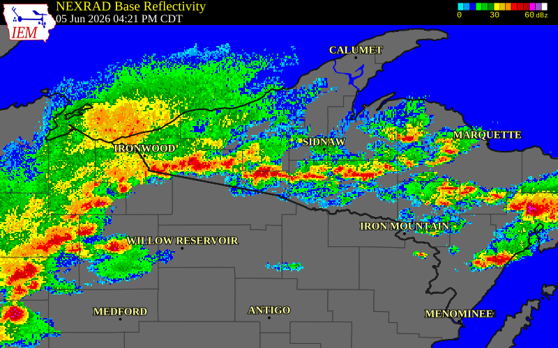 NEXRAD radar during the Friday, June 5, 2026 storm activity in Gogebic County, Michigan