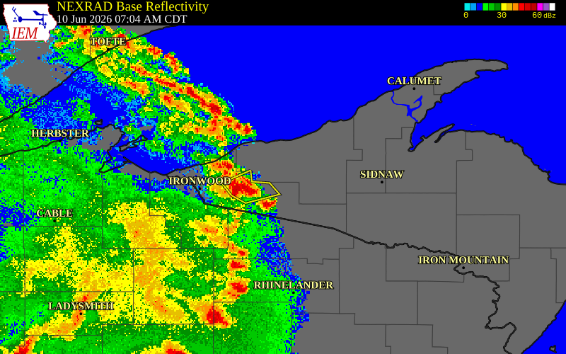 NEXRAD radar during the Wednesday, June 10, 2026 storm activity in Gogebic County, Michigan