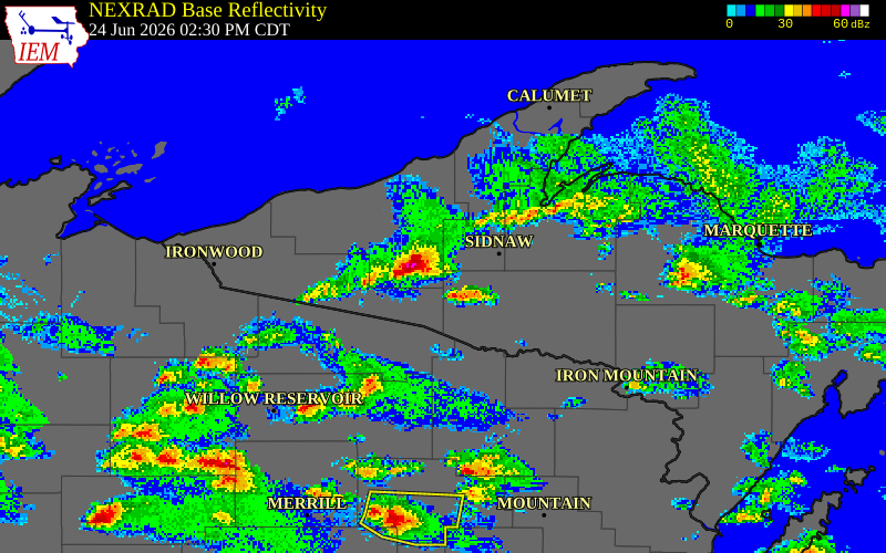NEXRAD radar during the Wednesday, June 24, 2026 storm activity in Gogebic County, Michigan