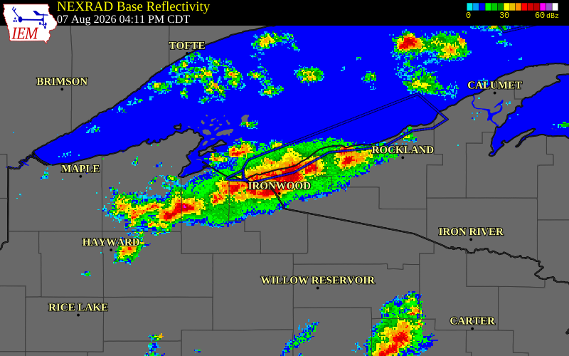 NEXRAD radar during the Friday, August 7, 2026 storm activity in Gogebic County, Michigan