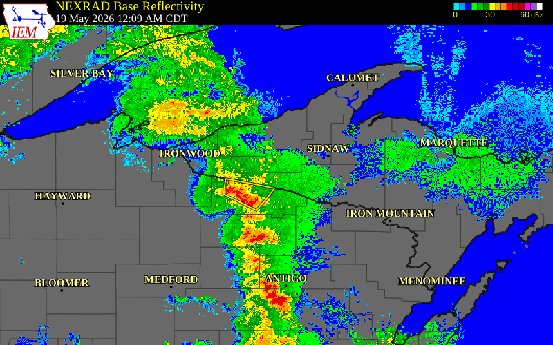Radar snapshot during the May 19, 2026 wind event near Gogebic County, Gogebic County, Michigan, with NWS warning polygons