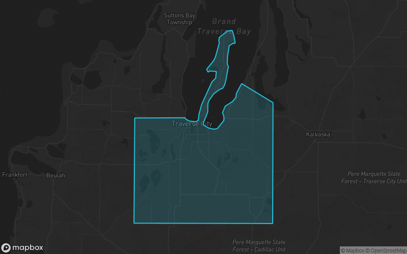Map of Grand Traverse County, Michigan showing the county boundary and surrounding cities