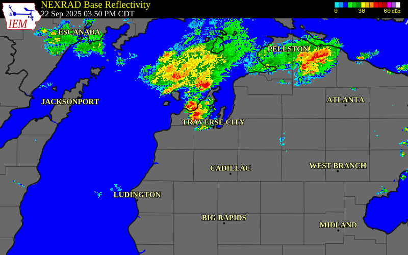 NEXRAD radar during the Monday, September 22, 2025 storm activity in Grand Traverse County, Michigan