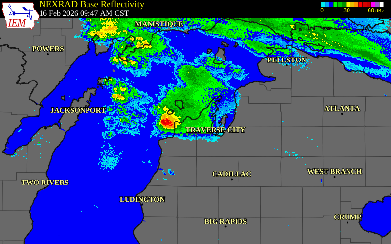 NEXRAD radar during the Monday, February 16, 2026 storm activity in Grand Traverse County, Michigan