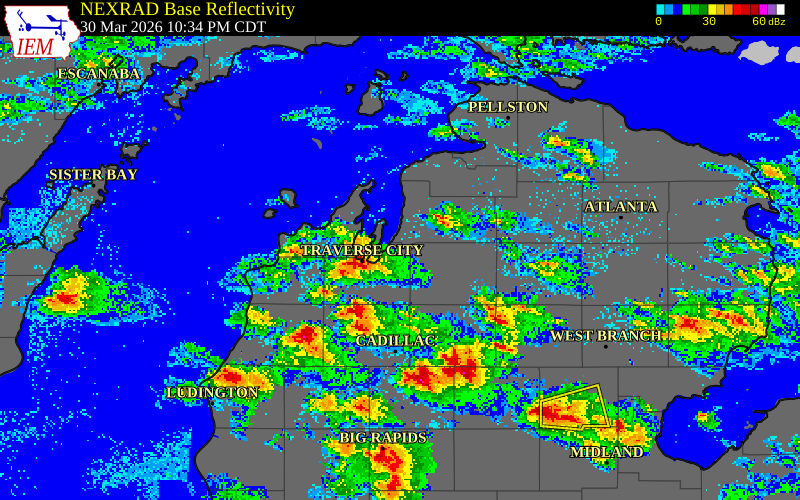 NEXRAD radar during the Monday, March 30, 2026 storm activity in Grand Traverse County, Michigan