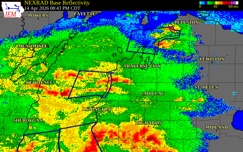 NEXRAD radar during the Tuesday, April 14, 2026 storm activity in Grand Traverse County, Michigan