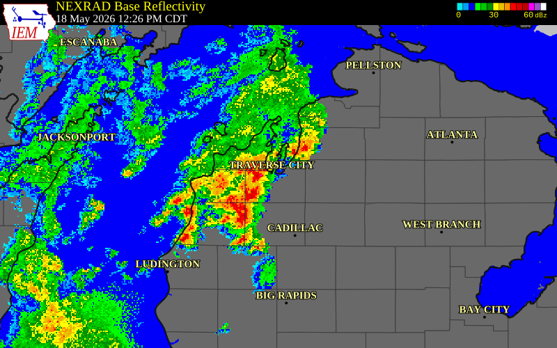 NEXRAD radar during the Monday, May 18, 2026 storm activity in Grand Traverse County, Michigan