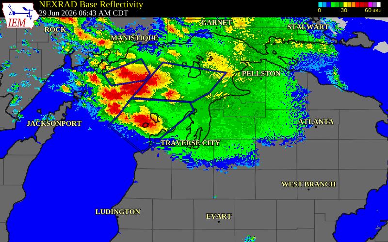 NEXRAD radar during the Monday, June 29, 2026 storm activity in Grand Traverse County, Michigan