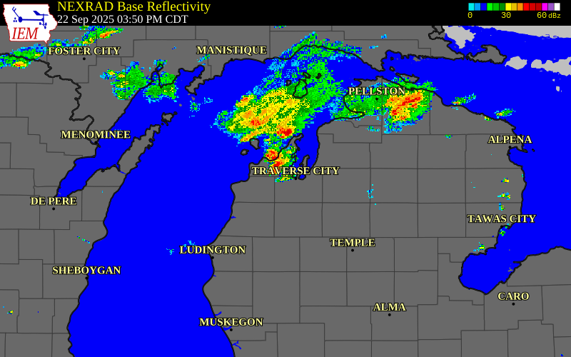 Radar snapshot during the Sep 22, 2025 tornado event near 4 SW Greilickville, Grand Traverse County, Michigan, with NWS warning polygons