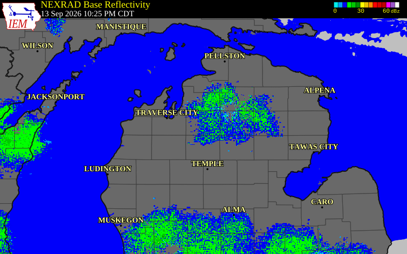 Current NEXRAD radar over Grand Traverse County, Michigan with recent storm report locations
