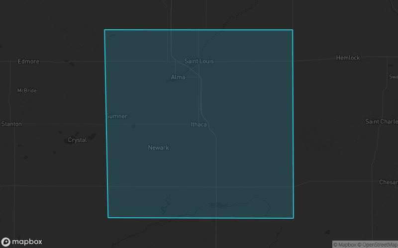 Map of Gratiot County, Michigan showing the county boundary and surrounding cities