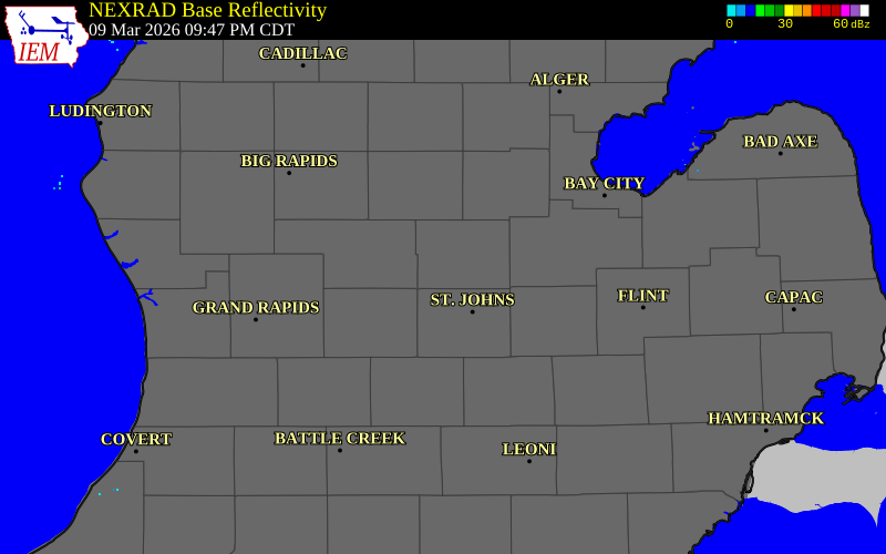 NEXRAD radar during the Monday, March 9, 2026 storm activity in Gratiot County, Michigan