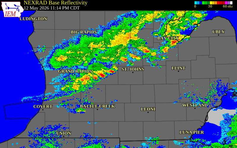 NEXRAD radar during the Wednesday, May 13, 2026 storm activity in Gratiot County, Michigan