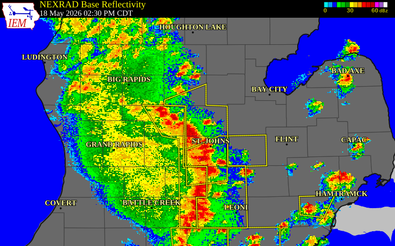 NEXRAD radar during the Monday, May 18, 2026 storm activity in Gratiot County, Michigan