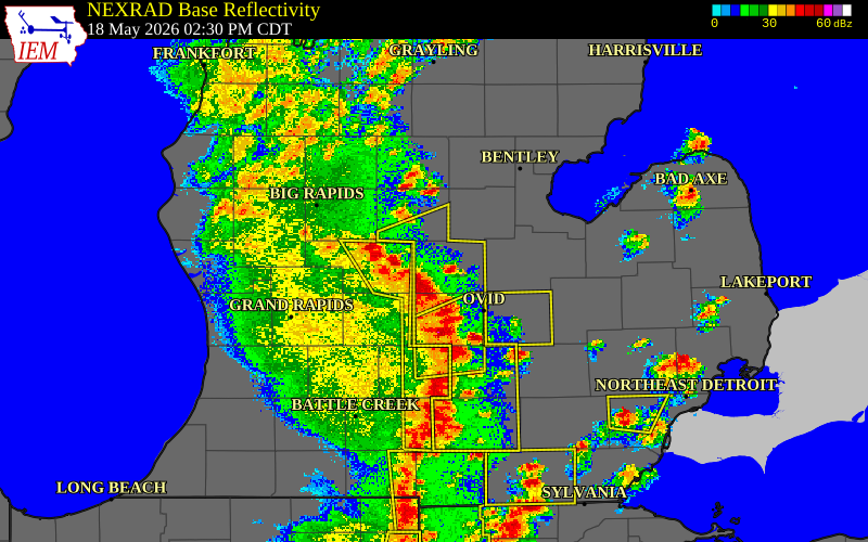 Radar snapshot during the May 18, 2026 wind event near 5 WSW Ithaca, Gratiot County, Michigan, with NWS warning polygons