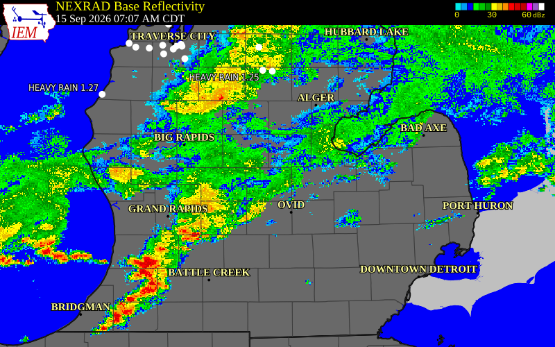 Current NEXRAD radar over Gratiot County, Michigan with recent storm report locations
