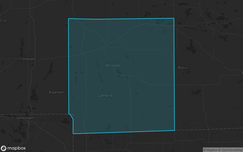 Map of Hillsdale County, Michigan showing the county boundary and surrounding cities