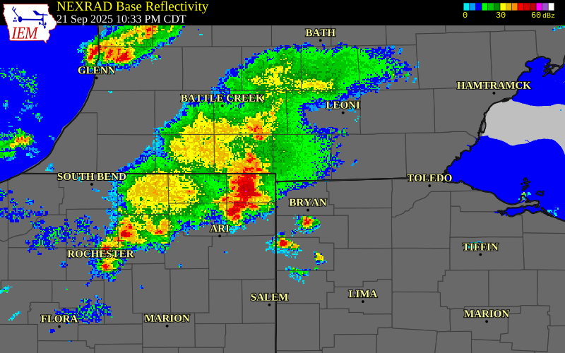NEXRAD radar during the Sunday, September 21, 2025 storm activity in Hillsdale County, Michigan