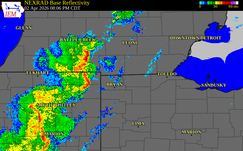 NEXRAD radar during the Thursday, April 2, 2026 storm activity in Hillsdale County, Michigan