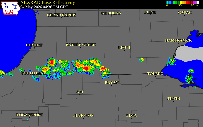 NEXRAD radar during the Monday, May 4, 2026 storm activity in Hillsdale County, Michigan