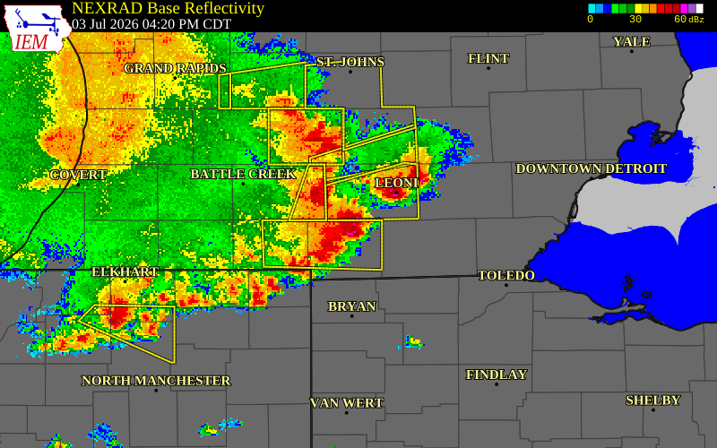 NEXRAD radar during the Friday, July 3, 2026 storm activity in Hillsdale County, Michigan