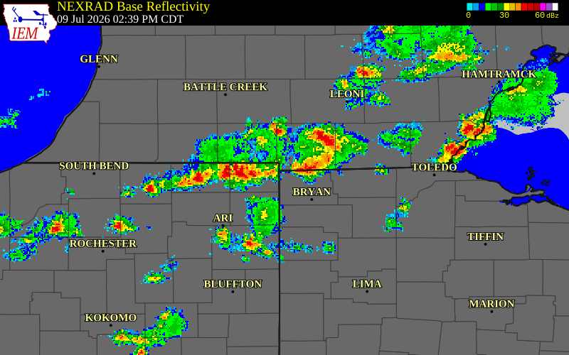 NEXRAD radar during the Thursday, July 9, 2026 storm activity in Hillsdale County, Michigan