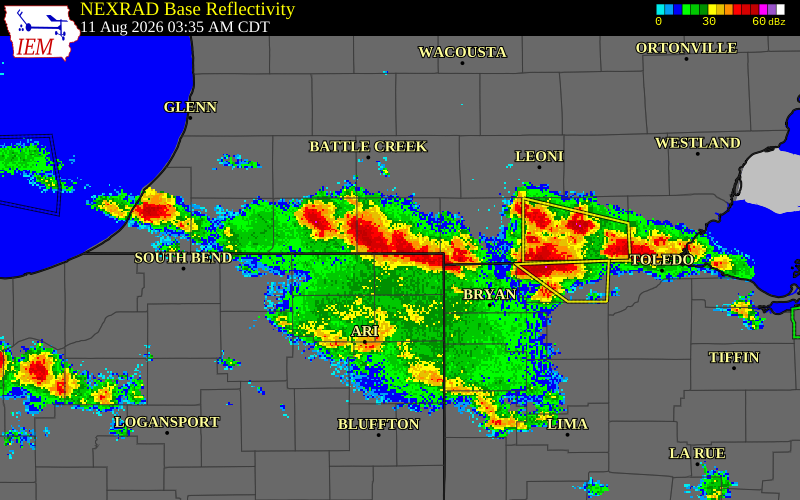 NEXRAD radar during the Tuesday, August 11, 2026 storm activity in Hillsdale County, Michigan