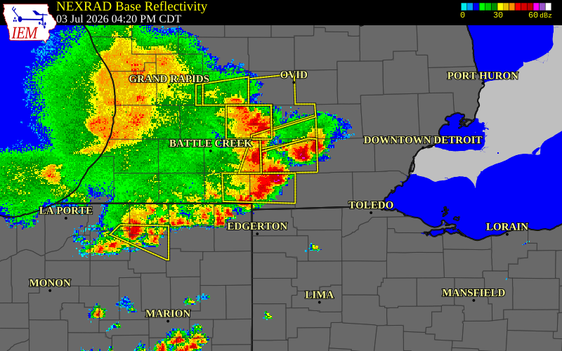 Radar snapshot during the Jul 3, 2026 wind event near Moscow, Hillsdale County, Michigan, with NWS warning polygons