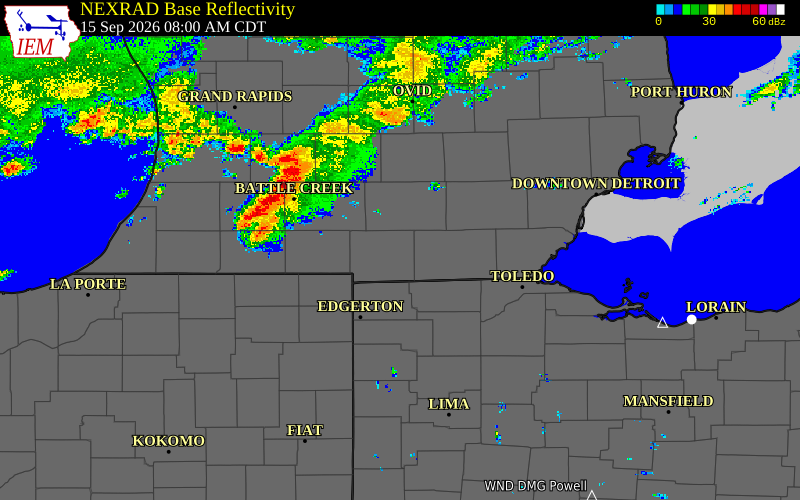 Current NEXRAD radar over Hillsdale County, Michigan with recent storm report locations