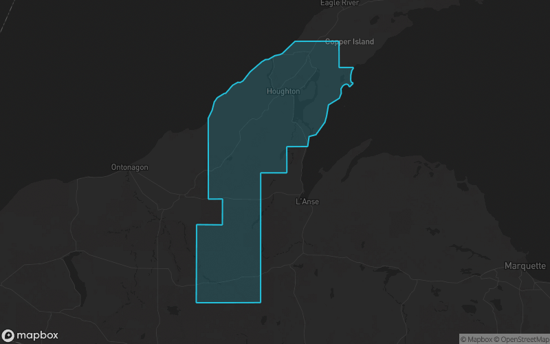 Map of Houghton County, Michigan showing the county boundary and surrounding cities