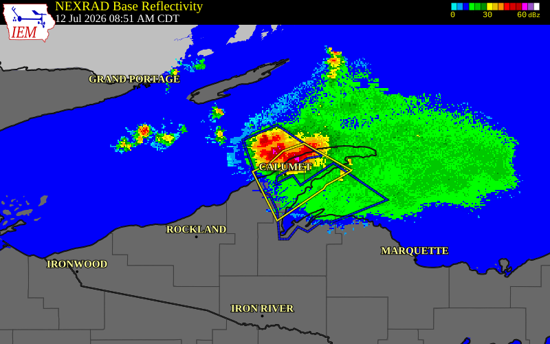 NEXRAD radar during the Sunday, July 12, 2026 storm activity in Houghton County, Michigan