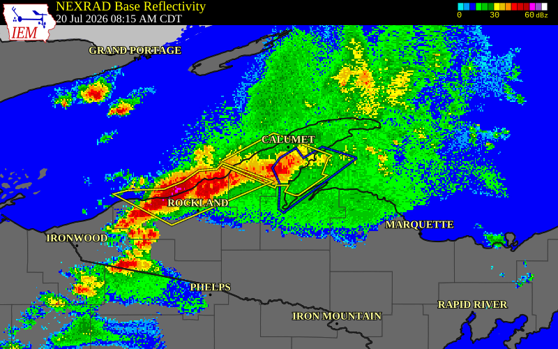 NEXRAD radar during the Monday, July 20, 2026 storm activity in Houghton County, Michigan
