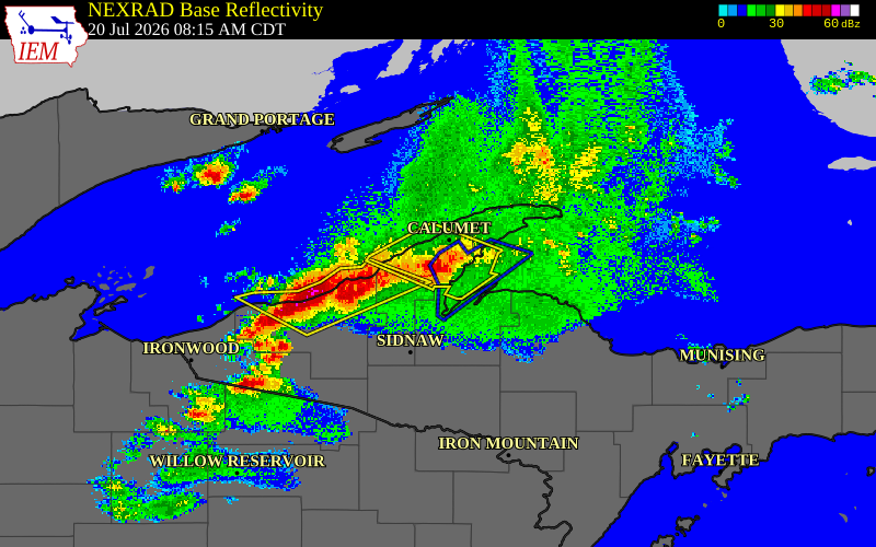 Radar snapshot during the Jul 20, 2026 wind event near Chassell, Houghton County, Michigan, with NWS warning polygons