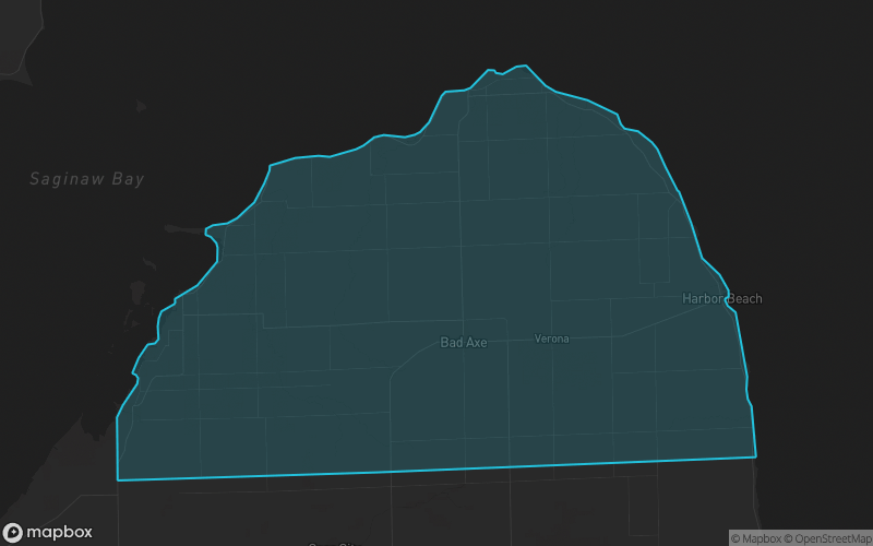 Map of Huron County, Michigan showing the county boundary and surrounding cities
