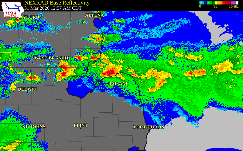 NEXRAD radar during the Tuesday, March 31, 2026 storm activity in Huron County, Michigan