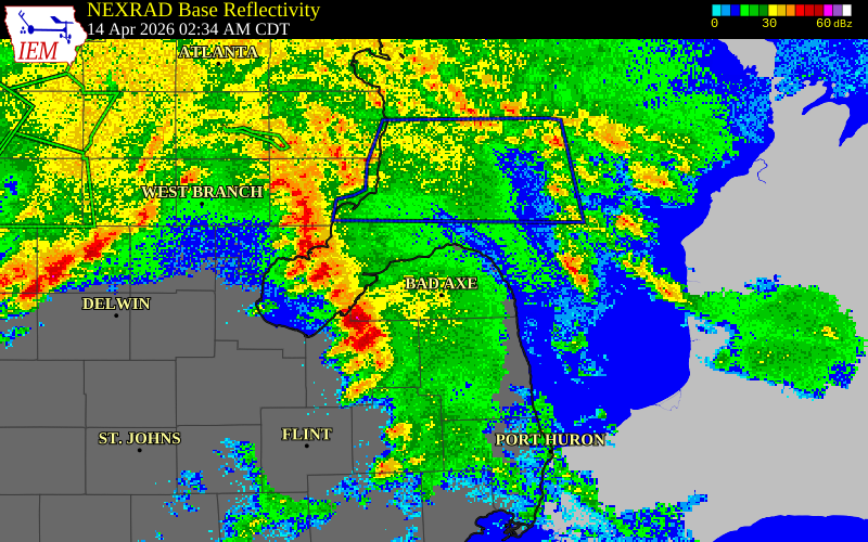 NEXRAD radar during the Tuesday, April 14, 2026 storm activity in Huron County, Michigan