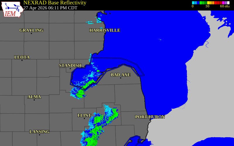 NEXRAD radar during the Monday, April 27, 2026 storm activity in Huron County, Michigan