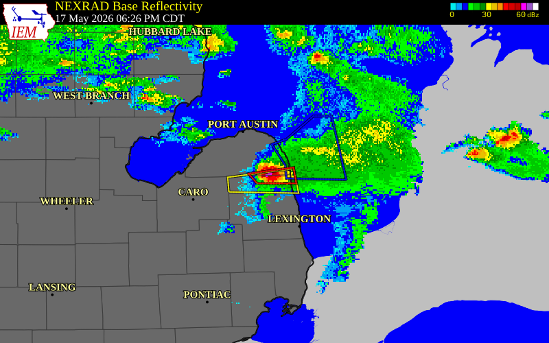 NEXRAD radar during the Sunday, May 17, 2026 storm activity in Huron County, Michigan