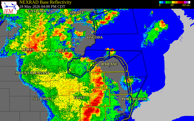 NEXRAD radar during the Monday, May 18, 2026 storm activity in Huron County, Michigan