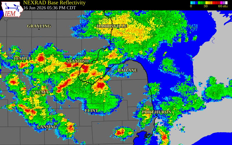 NEXRAD radar during the Tuesday, June 16, 2026 storm activity in Huron County, Michigan