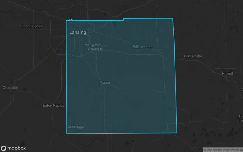 Map of Ingham County, Michigan showing the county boundary and surrounding cities