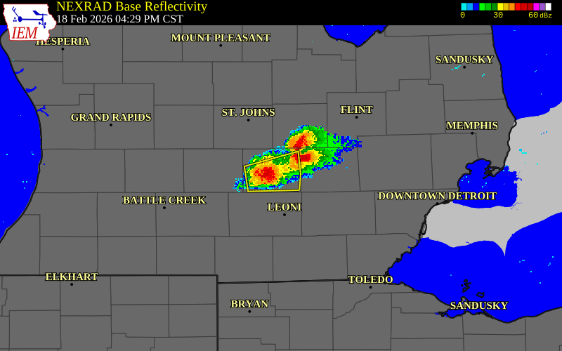 NEXRAD radar during the Wednesday, February 18, 2026 storm activity in Ingham County, Michigan