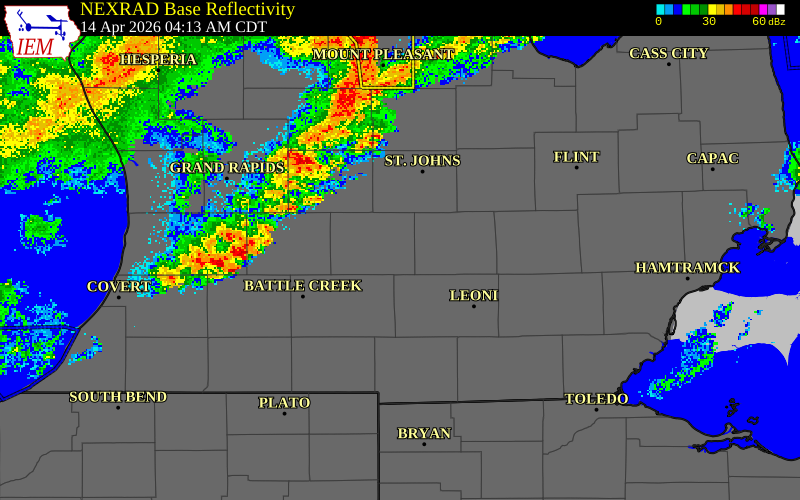 NEXRAD radar during the Tuesday, April 14, 2026 storm activity in Ingham County, Michigan