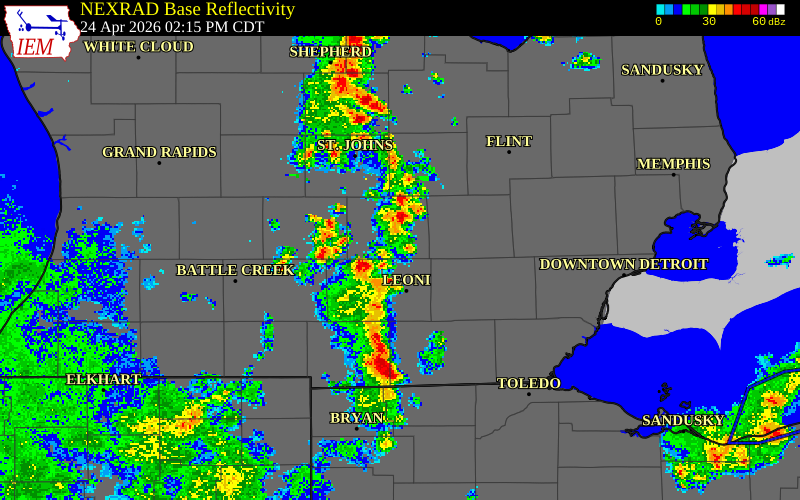 NEXRAD radar during the Friday, April 24, 2026 storm activity in Ingham County, Michigan