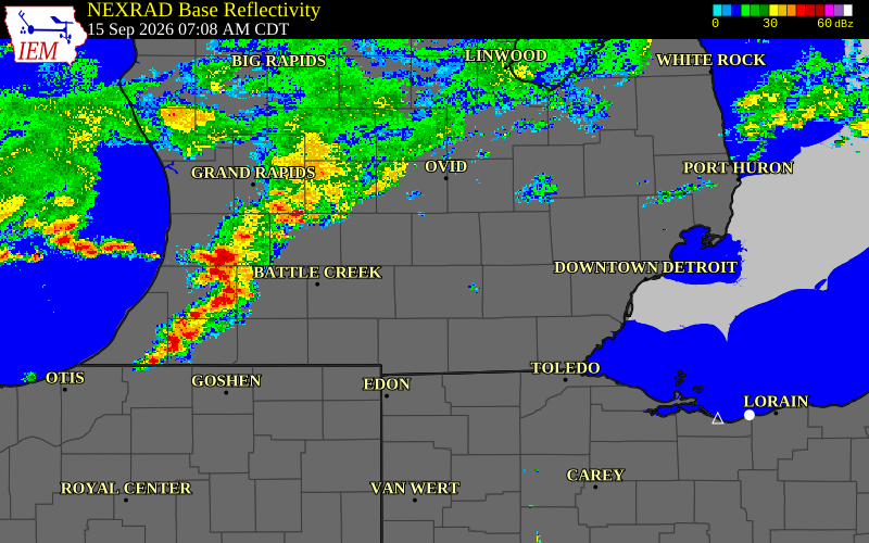Current NEXRAD radar over Ingham County, Michigan with recent storm report locations