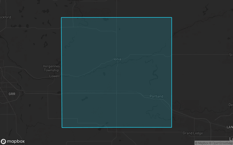 Map of Ionia County, Michigan showing the county boundary and surrounding cities