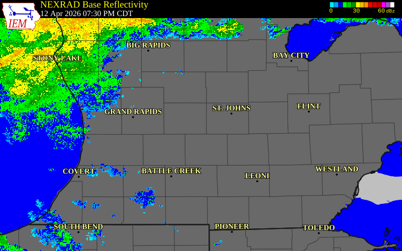 NEXRAD radar during the Sunday, April 12, 2026 storm activity in Ionia County, Michigan